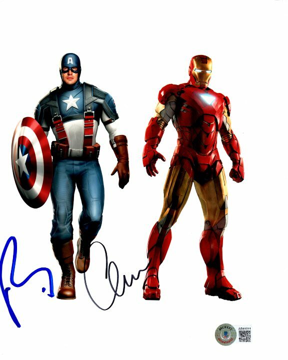 ROBERT DOWNEY JR and CHRIS EVANS signed THE AVENGERS 8x10 photo Beckett BAS LOA
