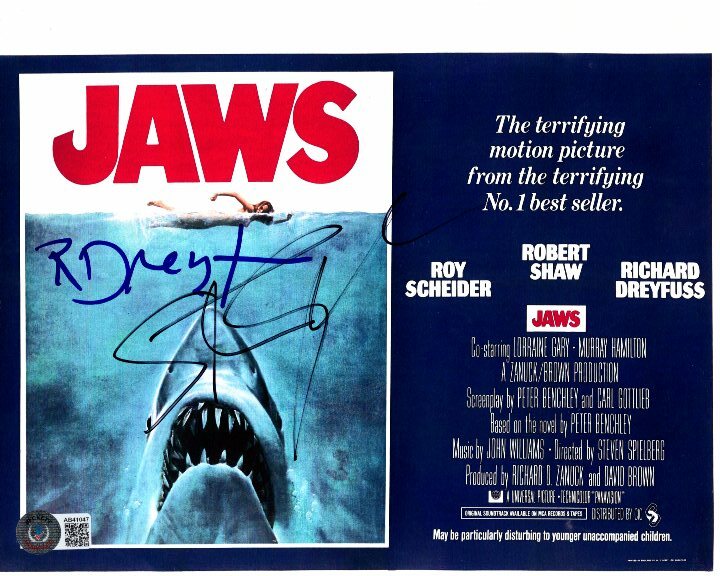 RICHARD DREYFUSS and STEVEN SPIELBERG signed JAWS photo Beckett BAS LOA