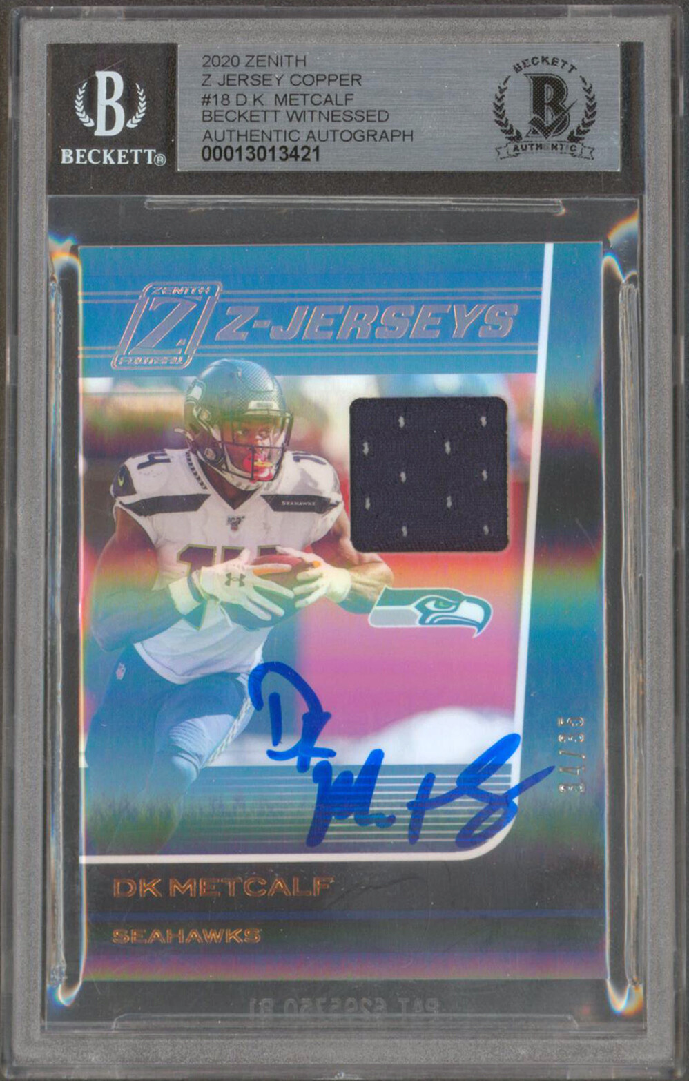 DK Metcalf Signed 2020 Zenith Jersey Copper #18 #34/35 Card Auto 10 BAS Slabbed