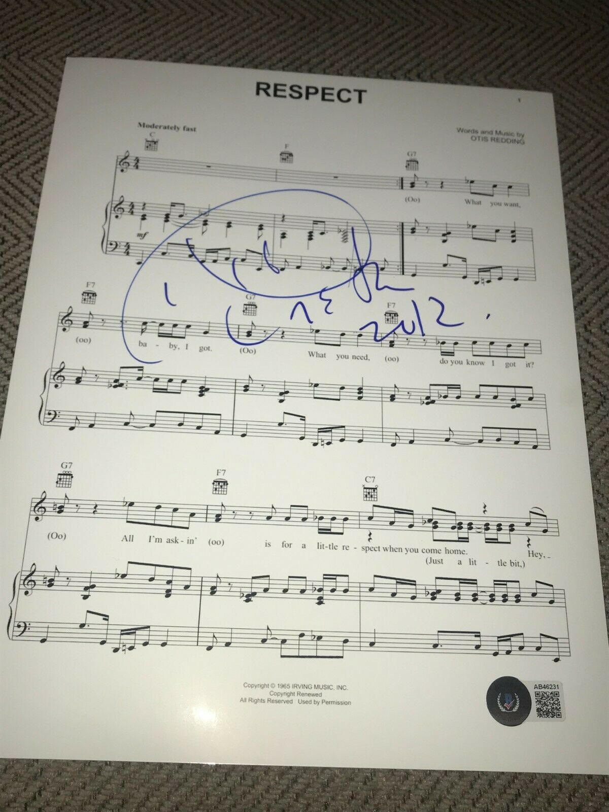 ARETHA FRANKLIN SIGNED AUTOGRAPH SHEET MUSIC RESPECT LEGEND ICON BECKETT BAS E