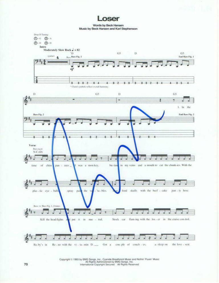 BECK HANSEN SIGNED AUTOGRAPH “LOSER” SHEET MUSIC – ODELAY, SEA CHANGE, RARE! COLLECTIBLE MEMORABILIA