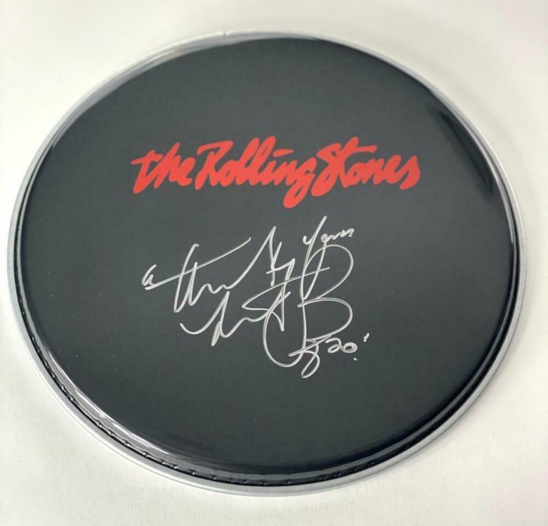CHARLIE WATTS SIGNED AUTOGRAPH 12″ CUSTOM ROLLING STONES DRUMHEAD – RARE! W/ JSA COLLECTIBLE MEMORABILIA