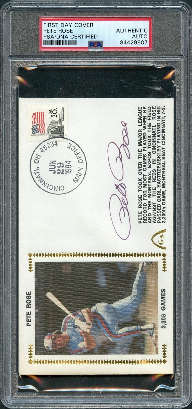PETE ROSE SIGNED 1984 FIRST DAY COVER PSA/DNA MONTREAL EXPOS AUTOGRAPHED SLABBED COLLECTIBLE MEMORABILIA