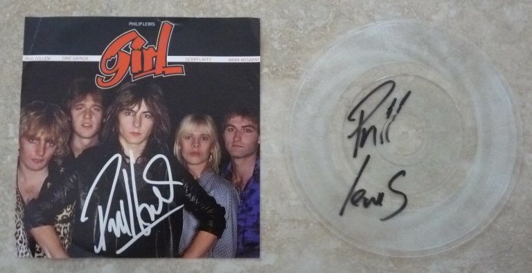 PHIL LEWIS L.A. GUNS GIRL DOUBLE SIGNED AUTOGRAPHED 7″ 45 RECORD PSA GUARANTEED COLLECTIBLE MEMORABILIA