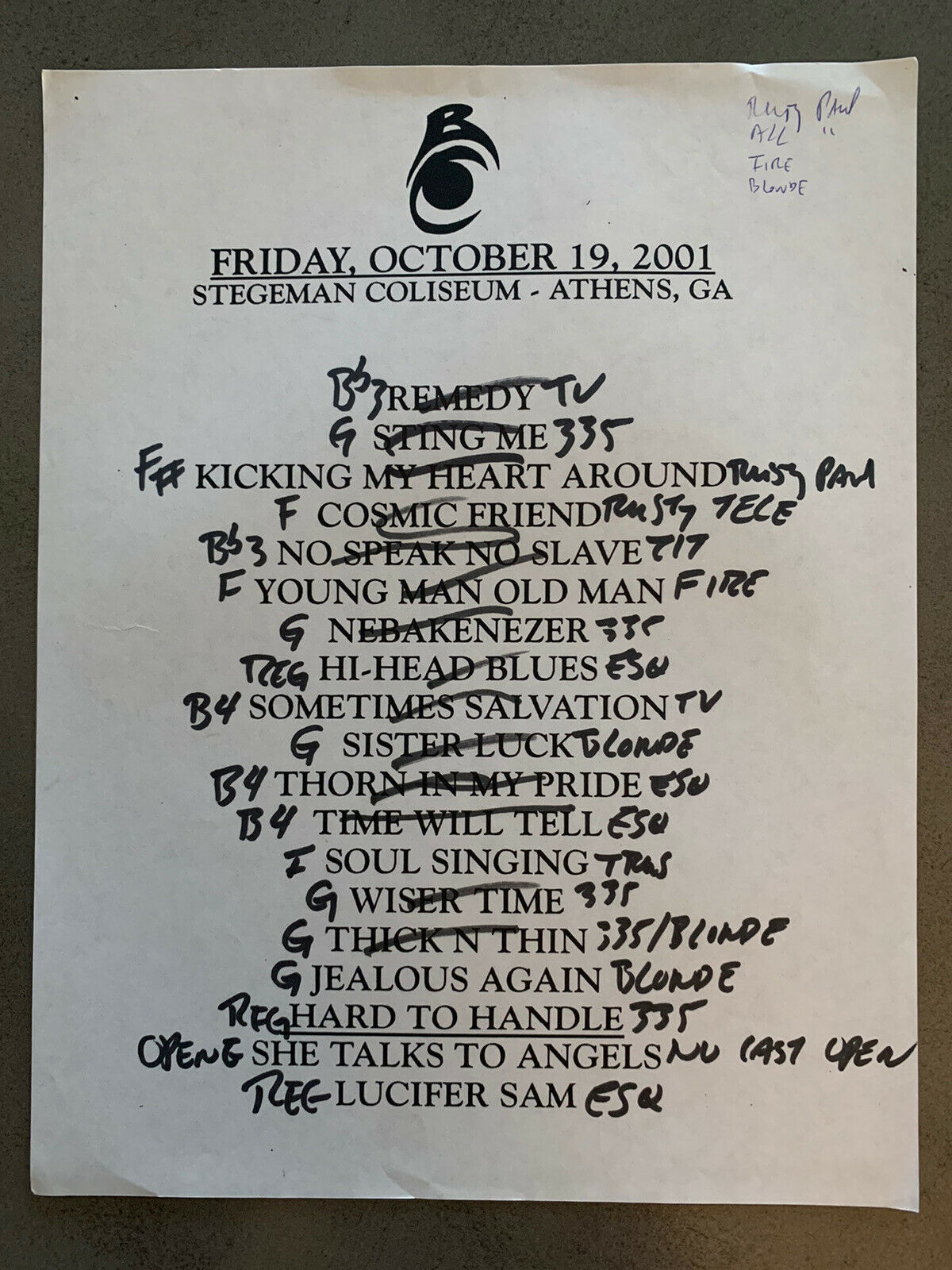 The Black Crowes 10-19-01 Tour Concert Used Set List W/ Notes Athens, GA