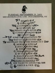 THE BLACK CROWES 9-25-01 TOUR CONCERT USED SET LIST W/ NOTES POUGHKEEPSIE, NY COLLECTIBLE MEMORABILIA