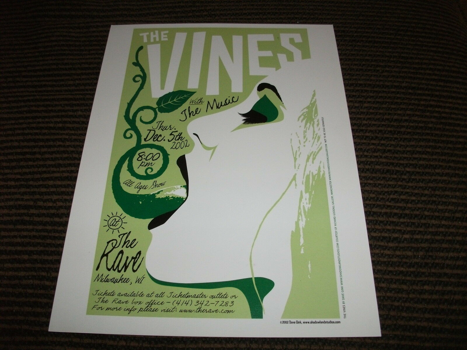 THE VINES W THE MUSIC @ THE RAVE MILWAUKEE 2002 8×11 MUSIC PROMO CARD COLLECTIBLE MEMORABILIA