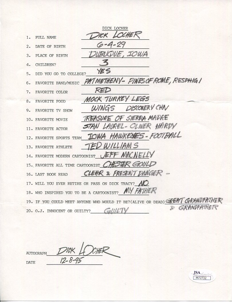 DICK LOCHER HAND SIGNED+FILLED OUT 20 QUESTIONS DICK TRACY CARTOONIST HOF