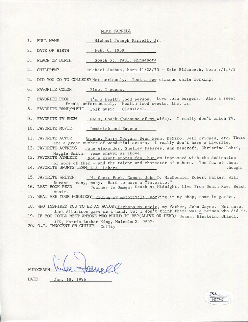 MIKE FARRELL HAND SIGNED+FILLED OUT 20 QUESTIONS BJ FROM MASH JSA