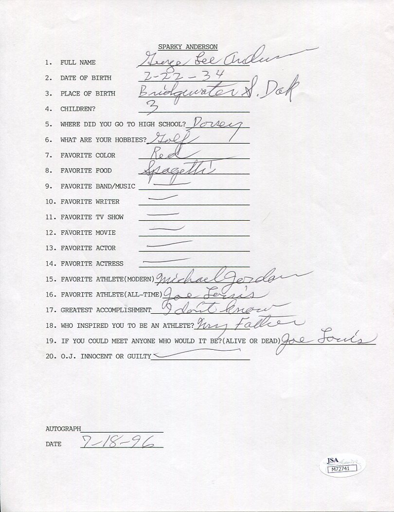 SPARKY ANDERSON HAND SIGNED+FILLED OUT 20 QUESTIONS BASEBALL LEGEND JSA