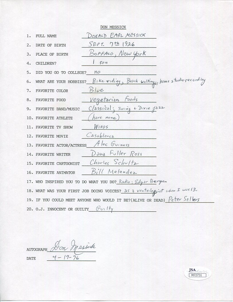 DON MESSICK HAND SIGNED+FILLED OUT 20 QUESTIONS HANNA-BARBERA VOICES JSA