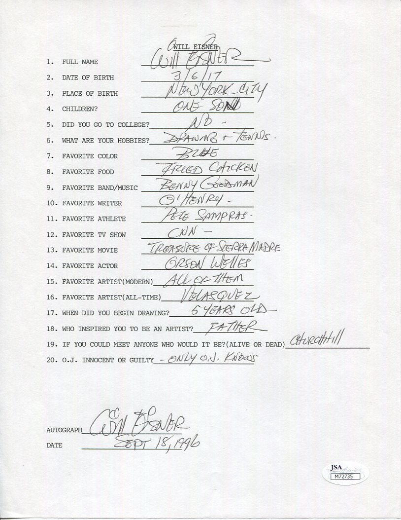 WILL EISNER HAND SIGNED+FILLED OUT 20 QUESTIONS CREATOR OF THE SPIRIT JSA