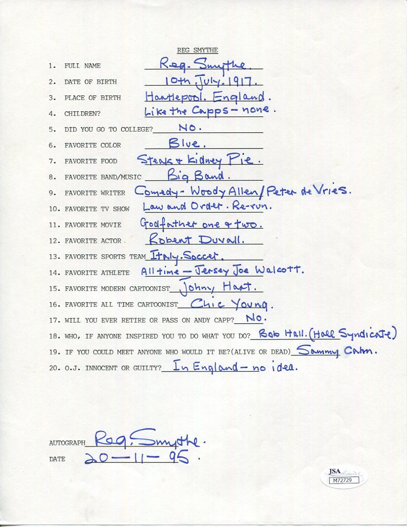 REG SMYTHE HAND SIGNED+FILLED OUT 20 QUESTIONS ANDY CAPP CARTOONIST JSA