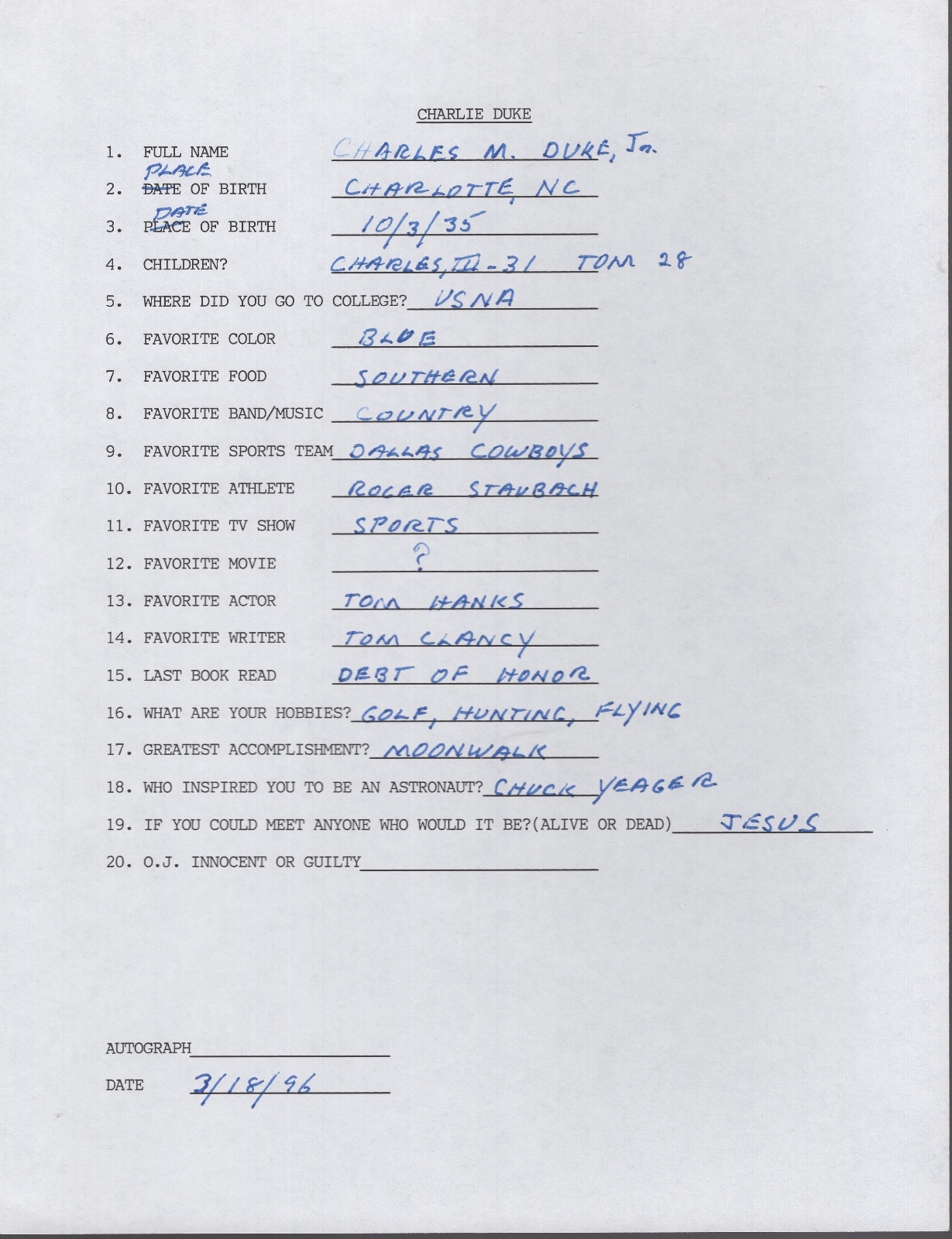 CHARLIE DUKE HAND SIGNED+FILLED OUT 20 QUESTIONS+COA NASA MOONWALKER