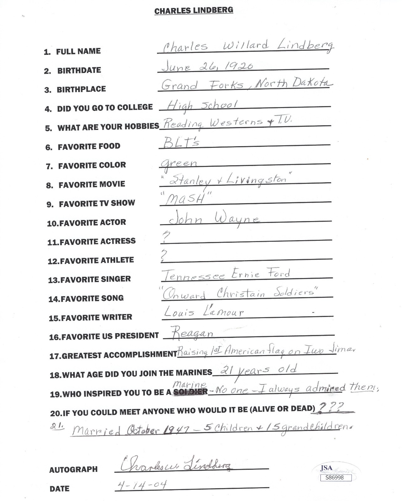 CHARLES LINDBERG HAND SIGNED+FILLED OUT 20 QUESTIONS IWO JIMA JSA