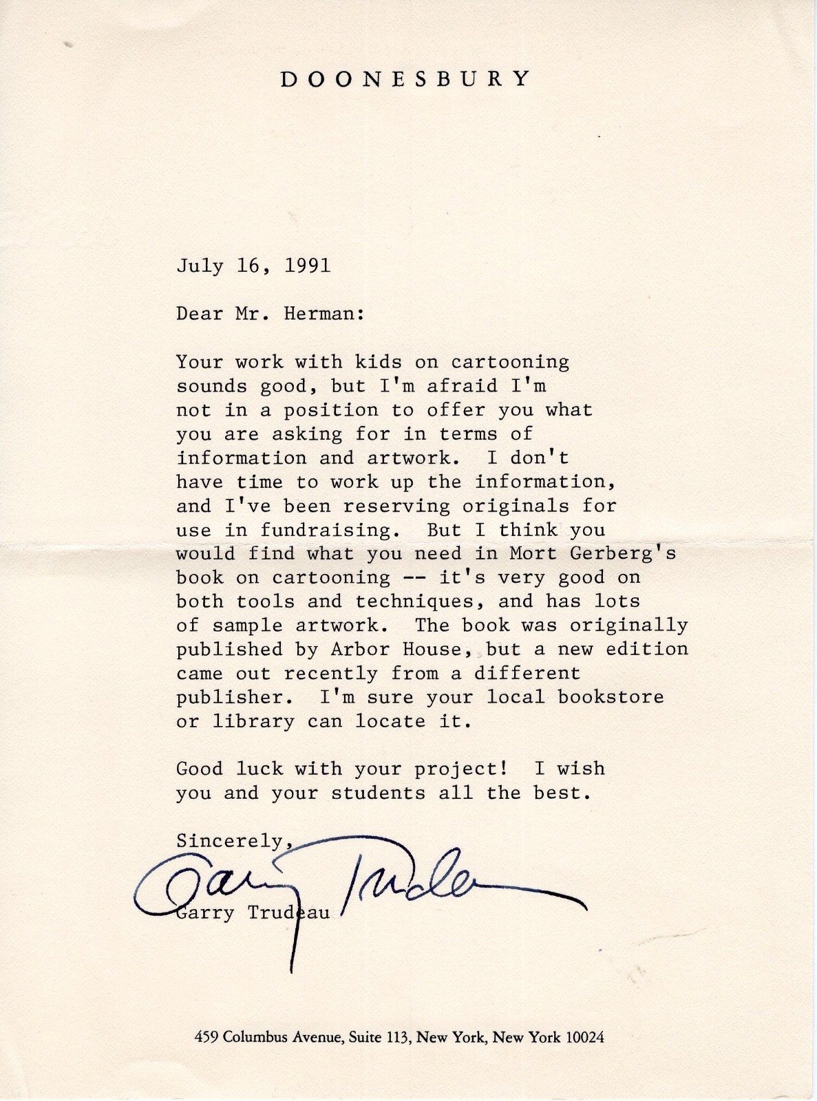 GARRY TRUDEAU HAND SIGNED TYPED LETTER DOONESBURY CARTOONIST JSA