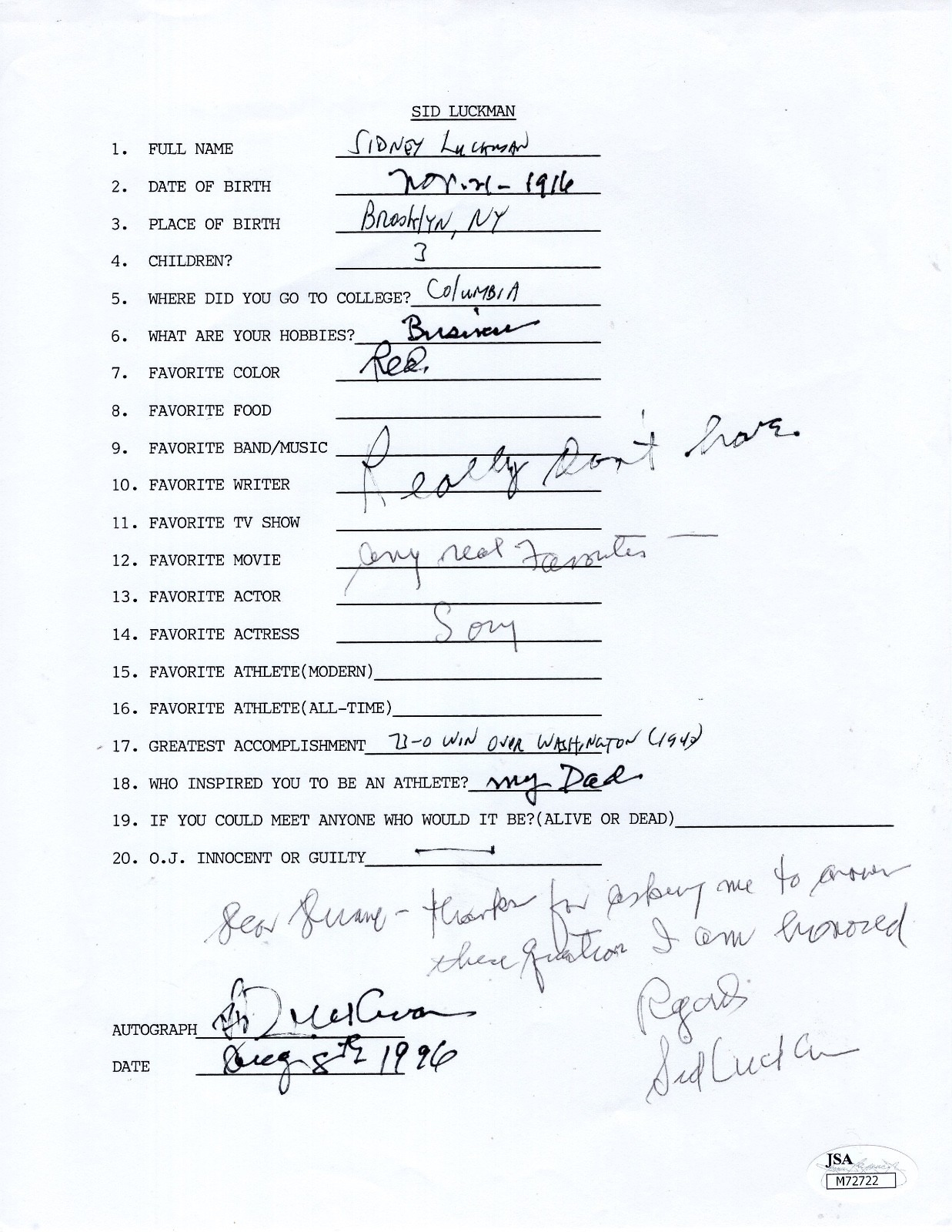 SID LUCKMAN HAND SIGNED+FILLED OUT 20 QUESTIONS BEARS LEGEND RARE HOF