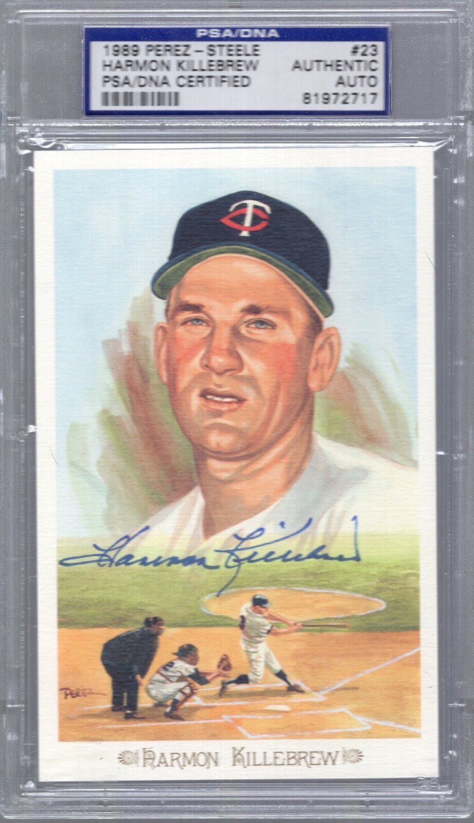 HARMON KILLEBREW HAND SIGNED HALL OF FAME PEREZ STEELE CARD TWINS PSA SLABBED