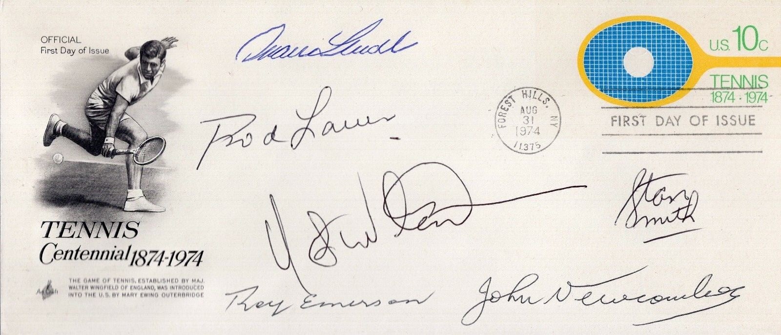 LAVER+LENDL+STAN SMITH+EMERSON+2 HAND SIGNED FDC RARE TENNIS LEGENDS JSA