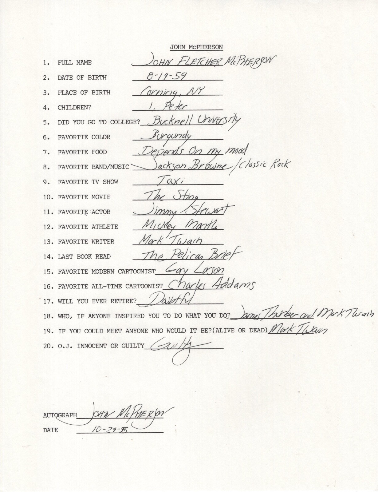 JOHN MCPHERSON HAND SIGNED+FILLED OUT 20 QUESTIONS+COA CLOSE TO HOME CARTOONIST
