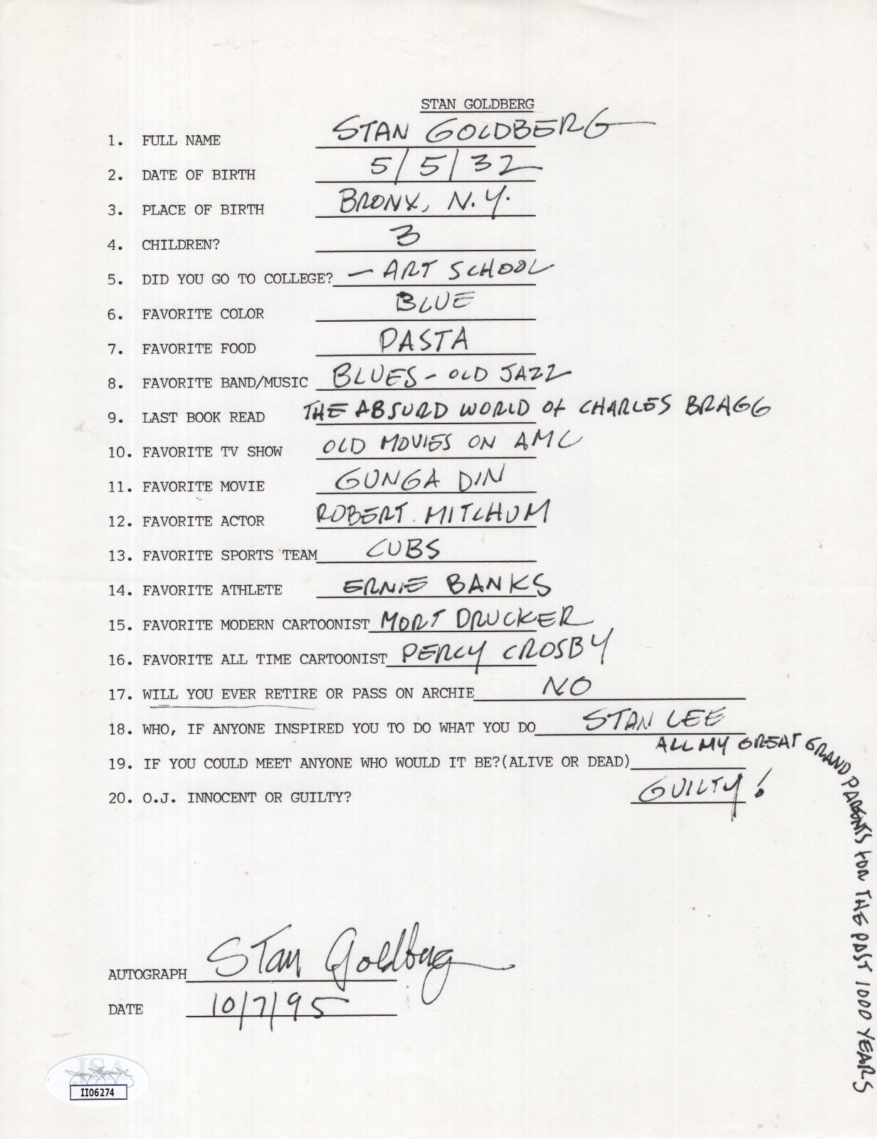 STAN GOLDBERG HAND SIGNED+FILLED OUT 20 QUESTIONS ARCHIE CARTOONIST JSA