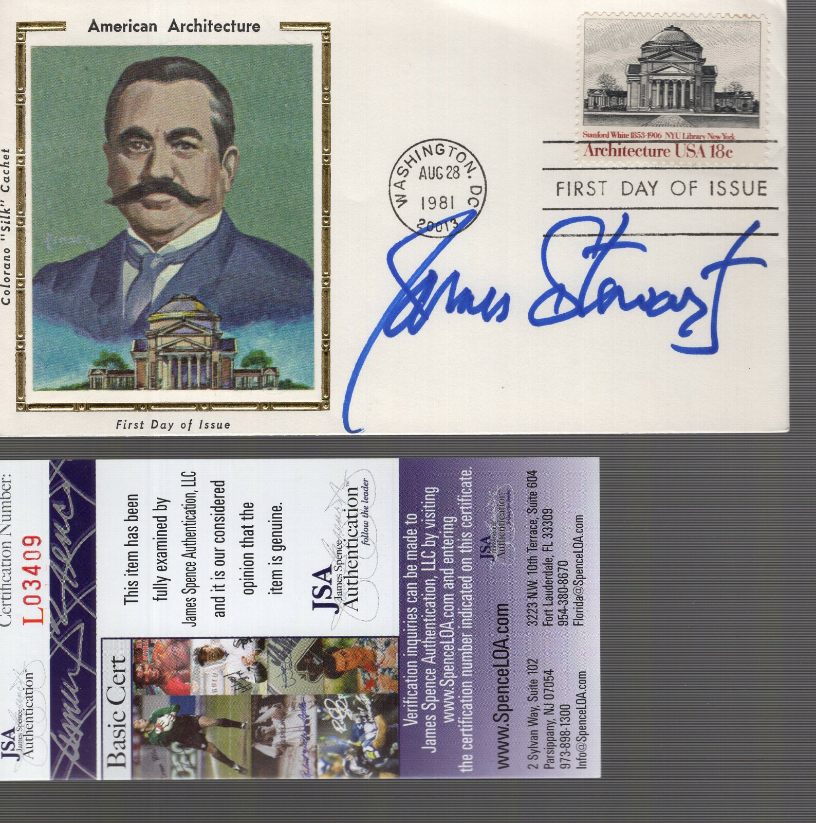 JAMES STEWART HAND SIGNED AMERICAN ARCHITECTURE SILK FDC 1981 RARE JSA