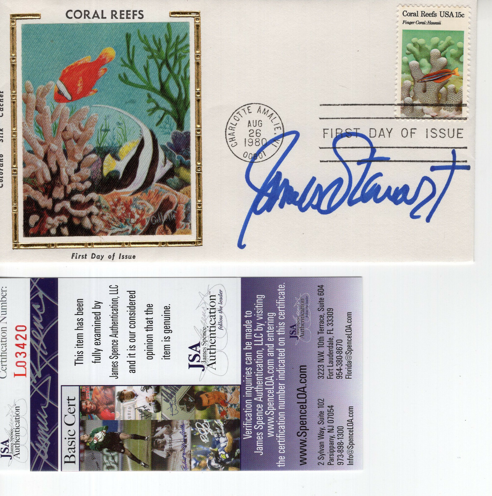 JAMES STEWART HAND SIGNED CORAL REEFS SILK FDC 1984 AMAZING COLOR JSA