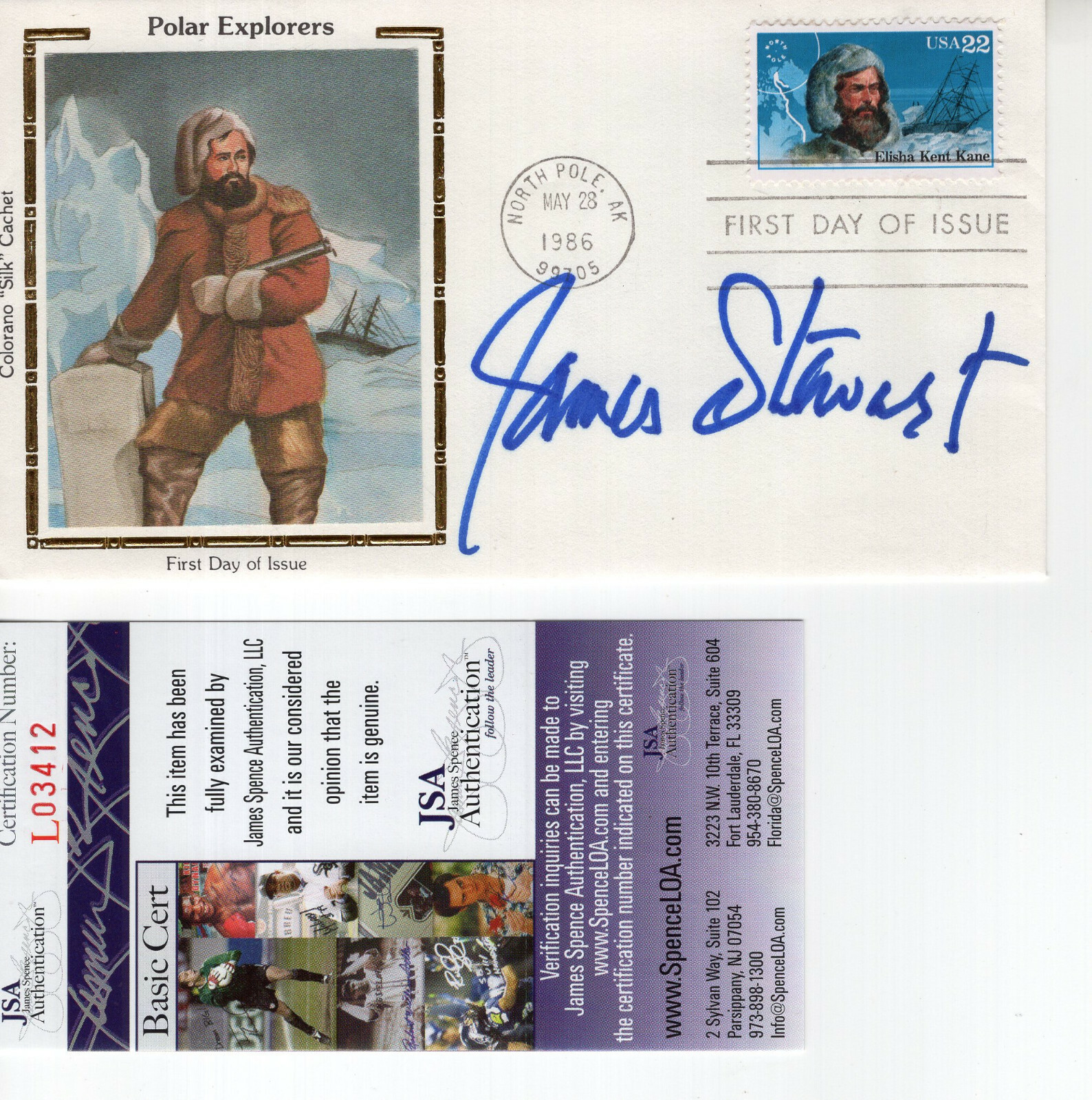 JAMES STEWART HAND SIGNED POLAR EXPLORERS COLOR SILK FDC 1986 VERY RARE JSA