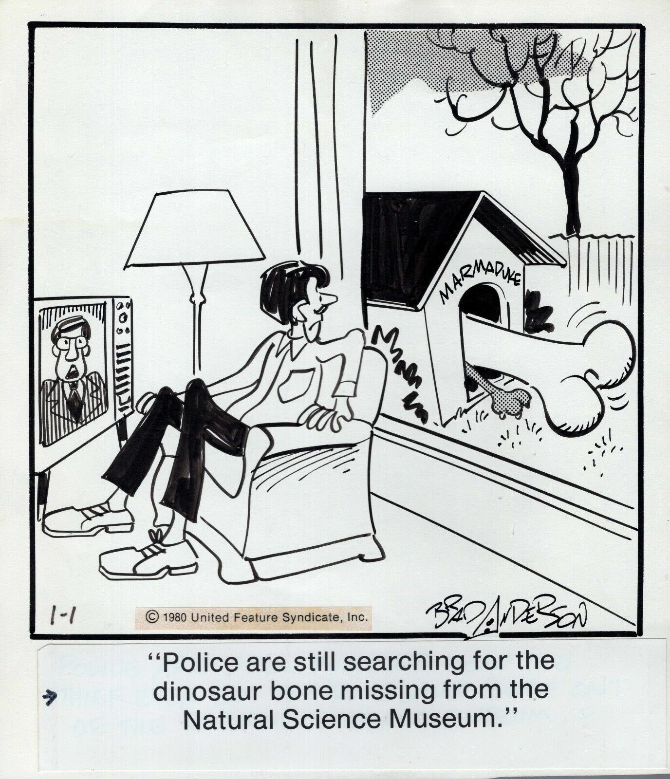 MARMADUKE ORIGINAL PEN+INK CARTOON ARK DAILY 1980 BRAD ANDERSON NEW YEARS DAY