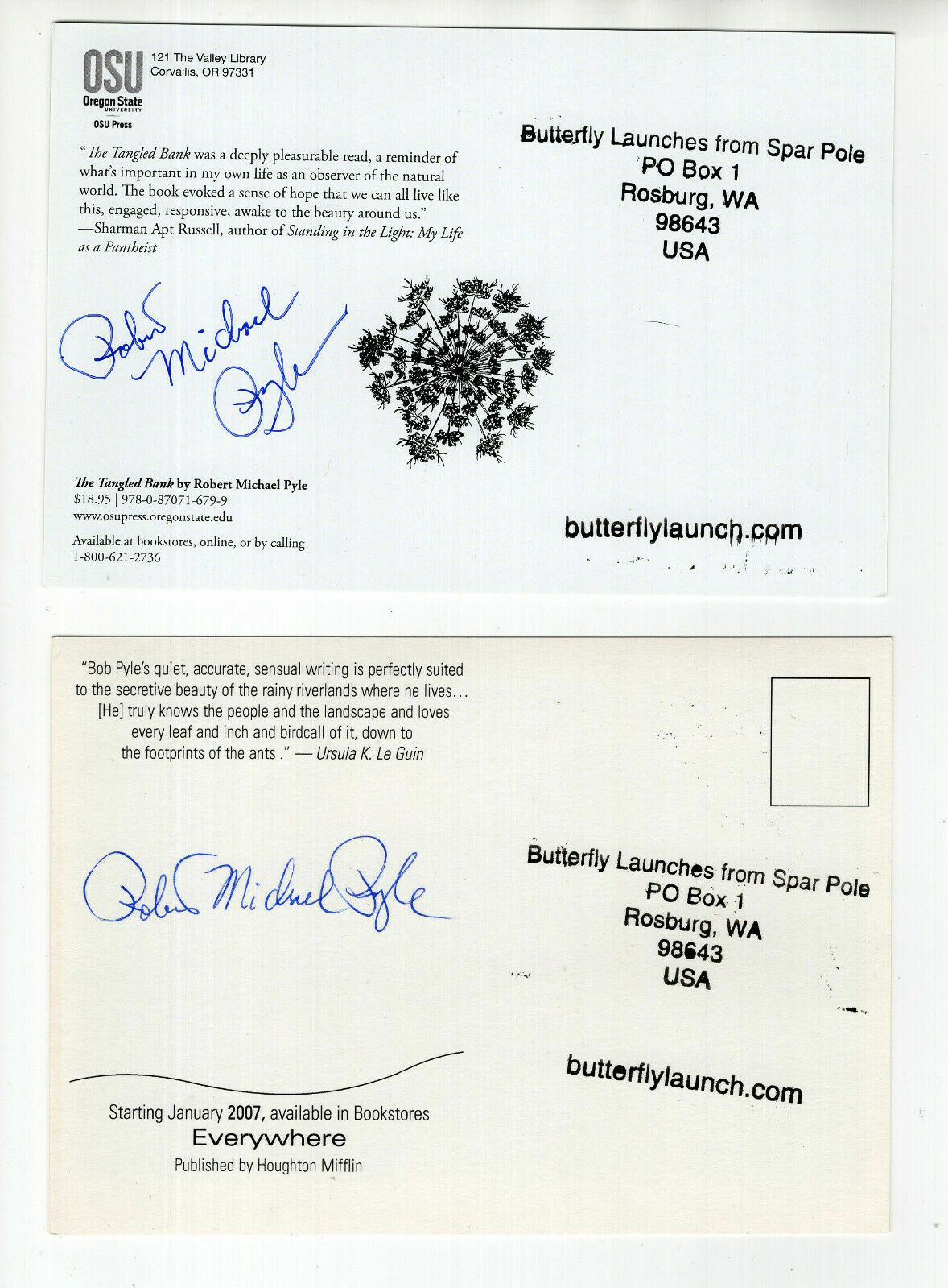 ROBERT MICHAEL PYLE LOT OF 2 HAND SIGNED POSTCARDS+COA AWESOME WRITER