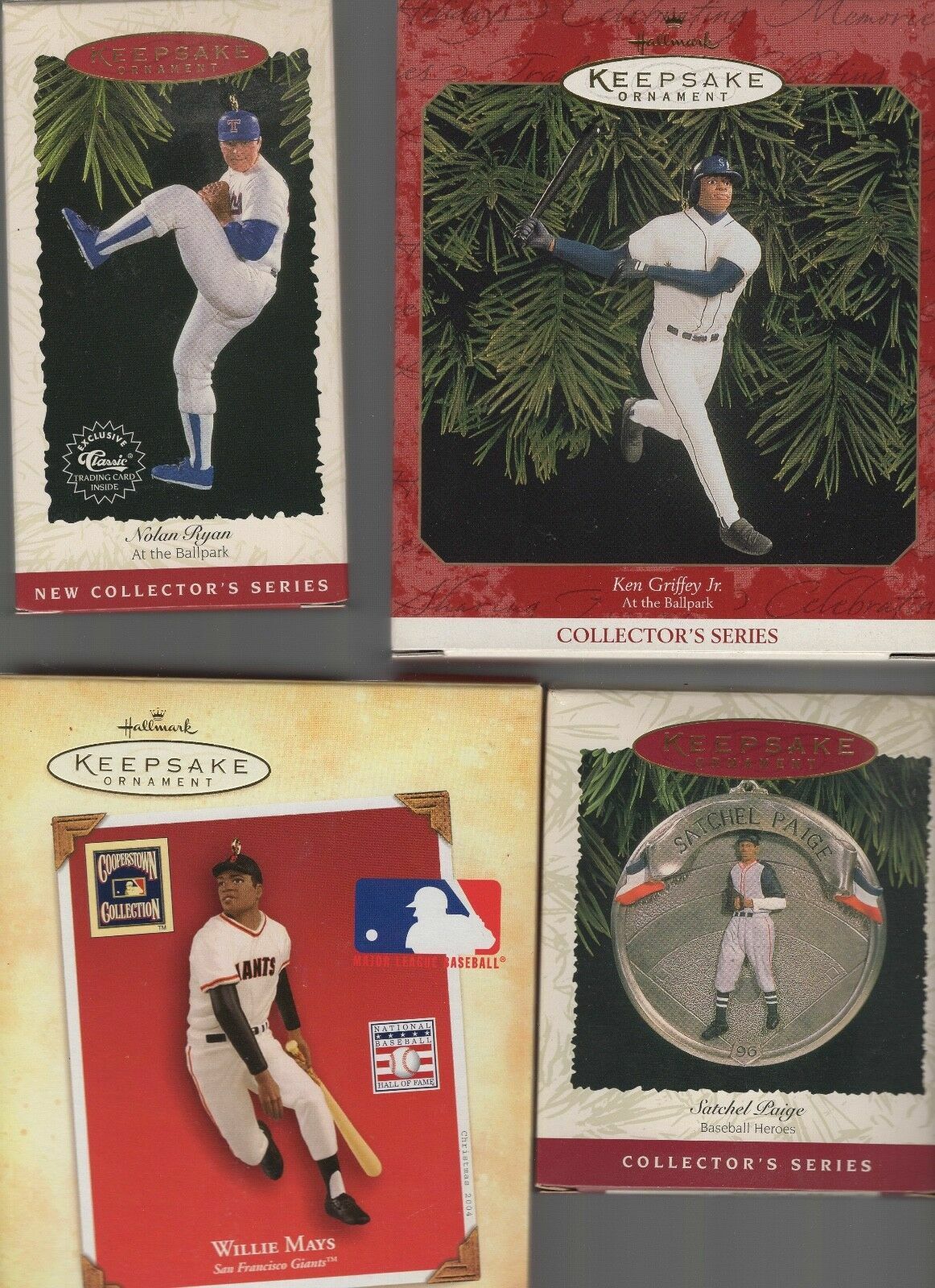 NOLAN RYAN+MAYS+GRIFFEY+PAIGE LOT OF 4 HALLMARK ORNAMENTS BB HOF NEW IN BOXES