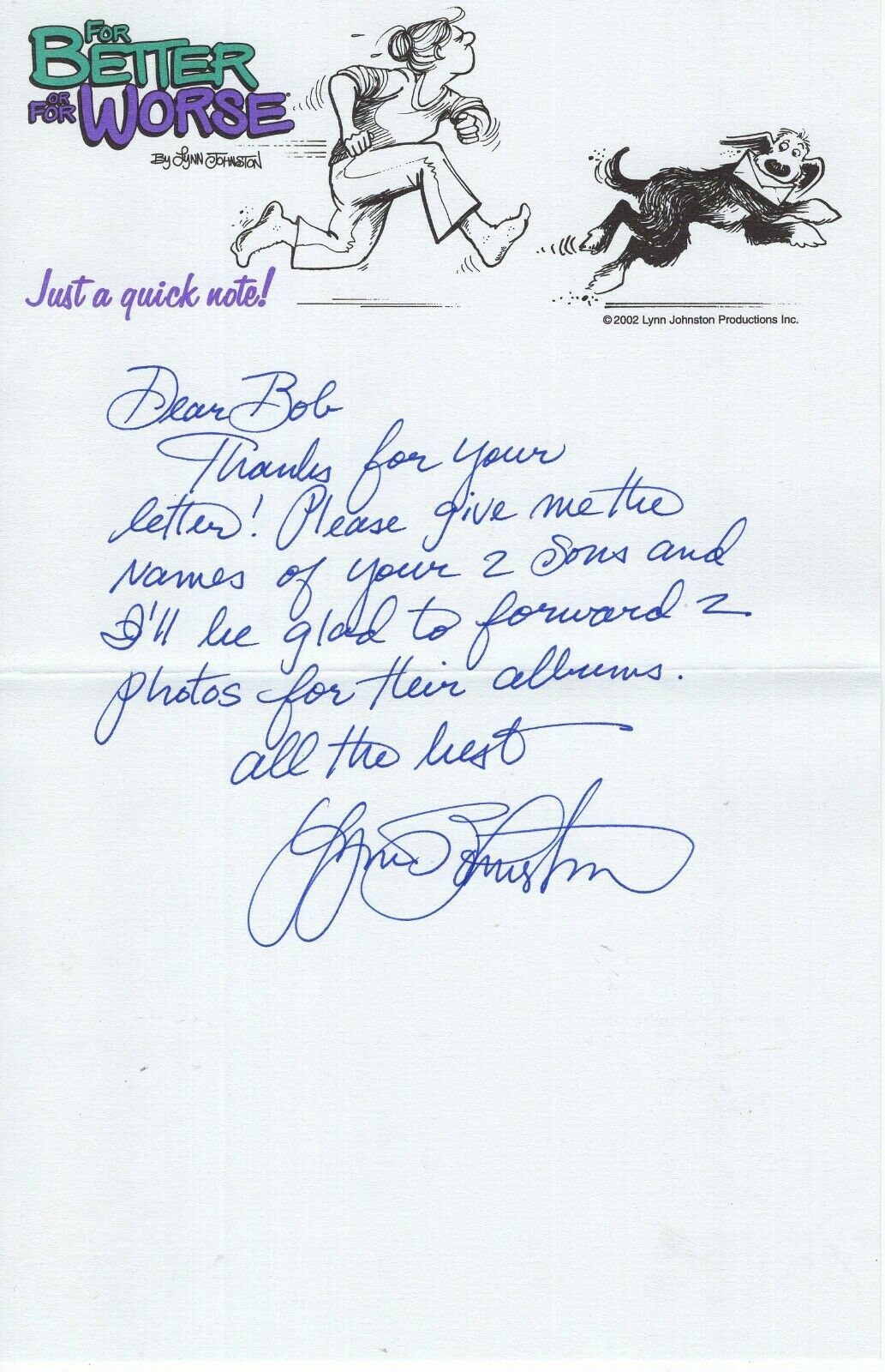 LYNN JOHNSTON HAND SIGNED+HAND WRITTEN NOTE+COA FOR BETTER OR WORSE CARTOONIST