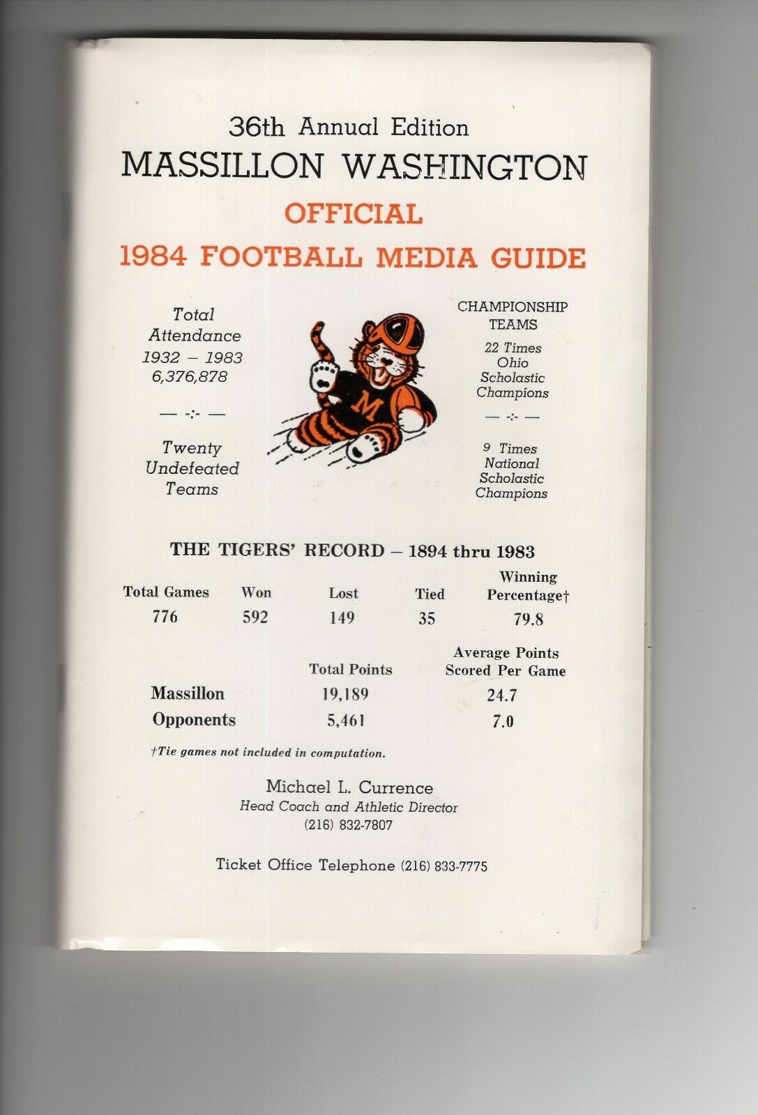 1984 MASSILLON WASHINGTON OHIO HIGH SCHOOL FB MEDIA GUIDE AMAZING CONDITION COLLECTIBLE MEMORABILIA