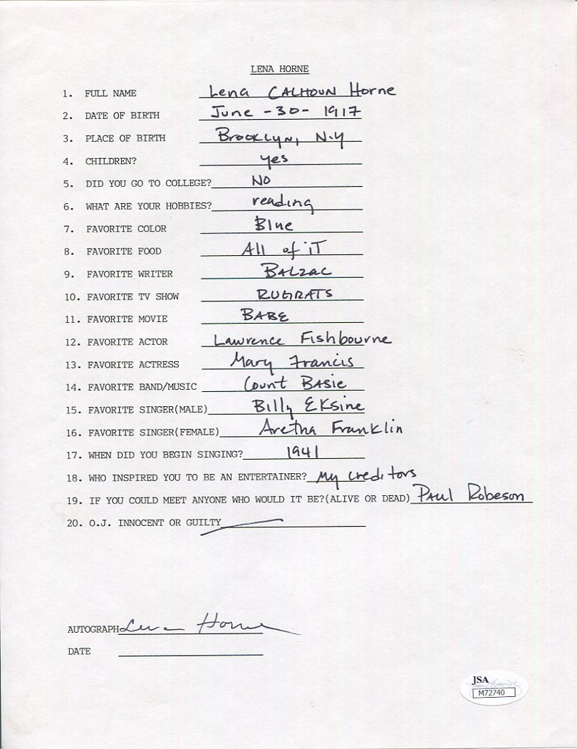 LENA HORNE HAND SIGNED+FILLED OUT 20 QUESTIONS LEGENDARY SINGER JSA
