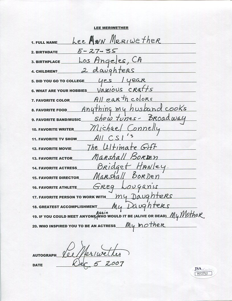 LEE MERIWETHER HAND SIGNED+FILLED OUT 20 QUESTIONS BATMAN'S CATWOMAN JSA