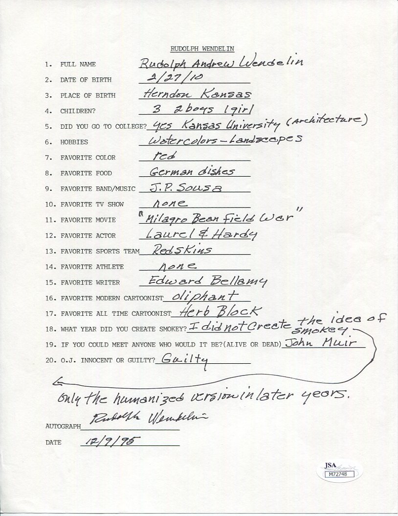 RUDOLPH WENDELIN HAND SIGNED+FILLED OUT 20 QUESTIONS SMOKEY THE BEAR JSA