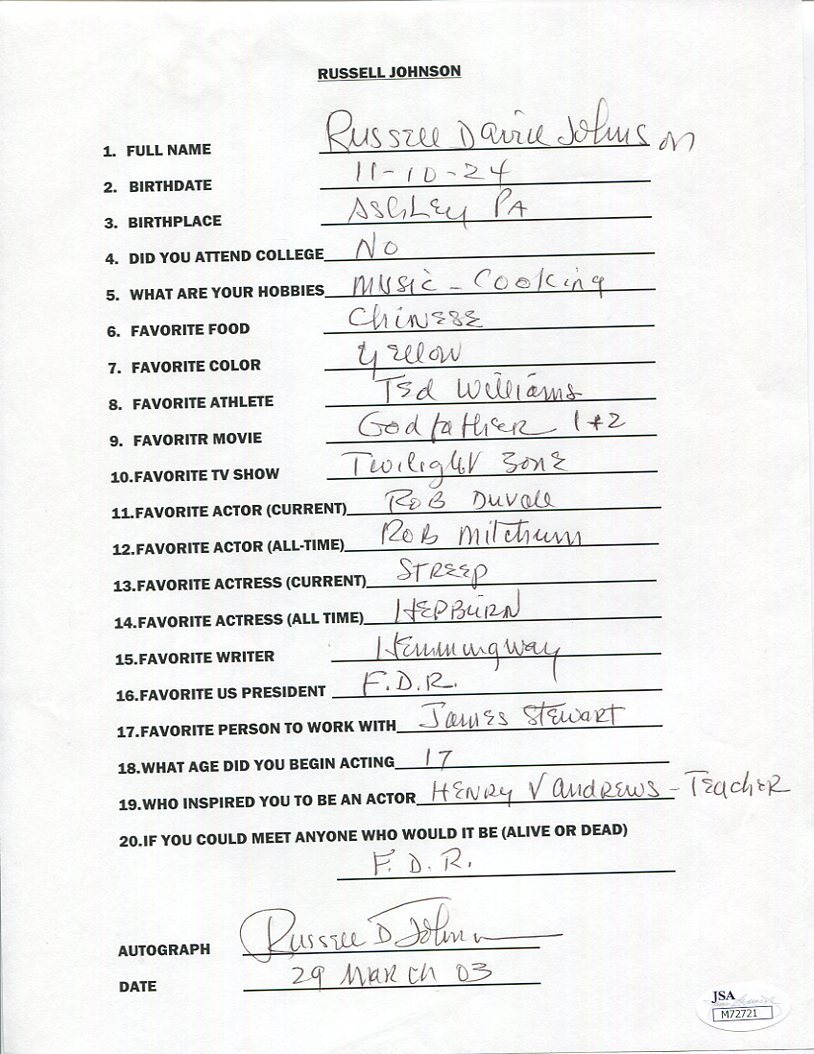 RUSSELL JOHNSON HAND SIGNED+FILLED OUT 20 QUESTIONS GILLIGAN'S ISLAND JSA