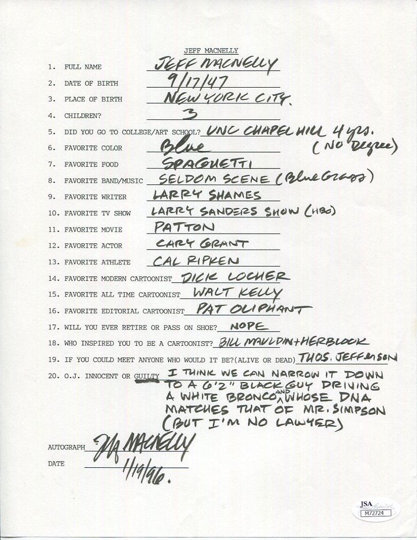 JEFF MACNELLY HAND SIGNED+FILLED OUT 20 QUESTIONS SHOE CARTOONIST JSA