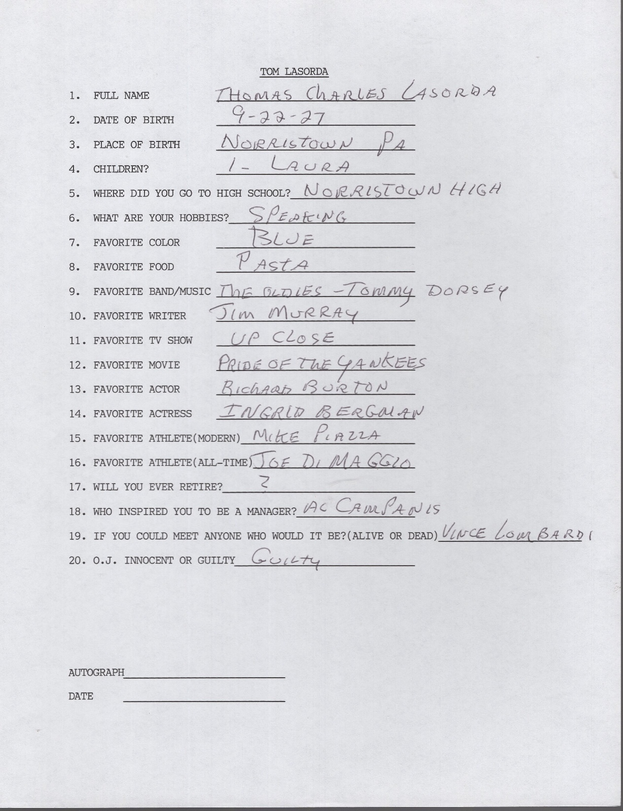 TOM LASORDA HAND SIGNED+FILLED OUT 20 QUESTIONS+COA LA DODGERS HOF MANAGER