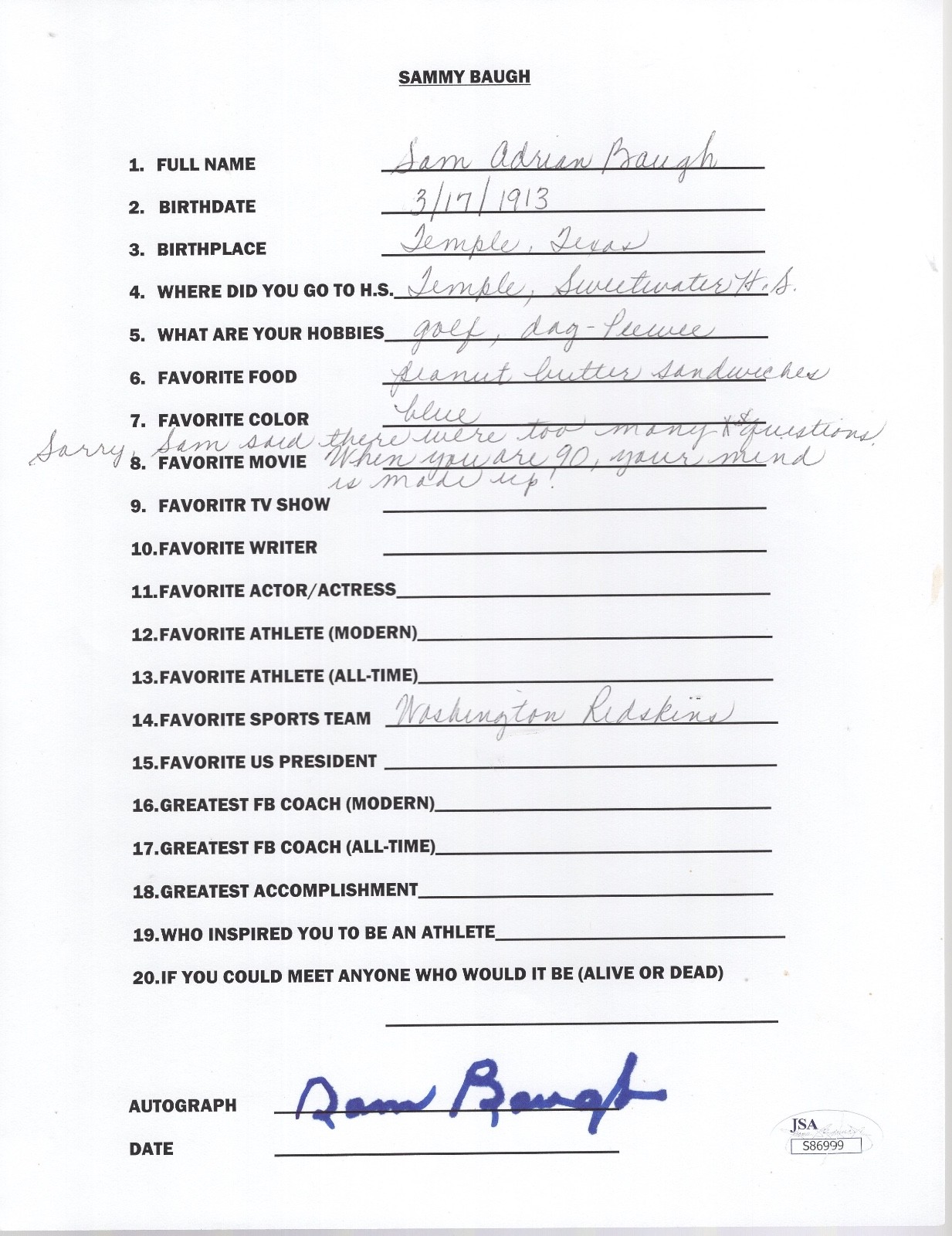 SAMMY BAUGH HAND SIGNED+FILLED OUT 20 QUESTIONS NFL LEGEND REDSKINS JSA