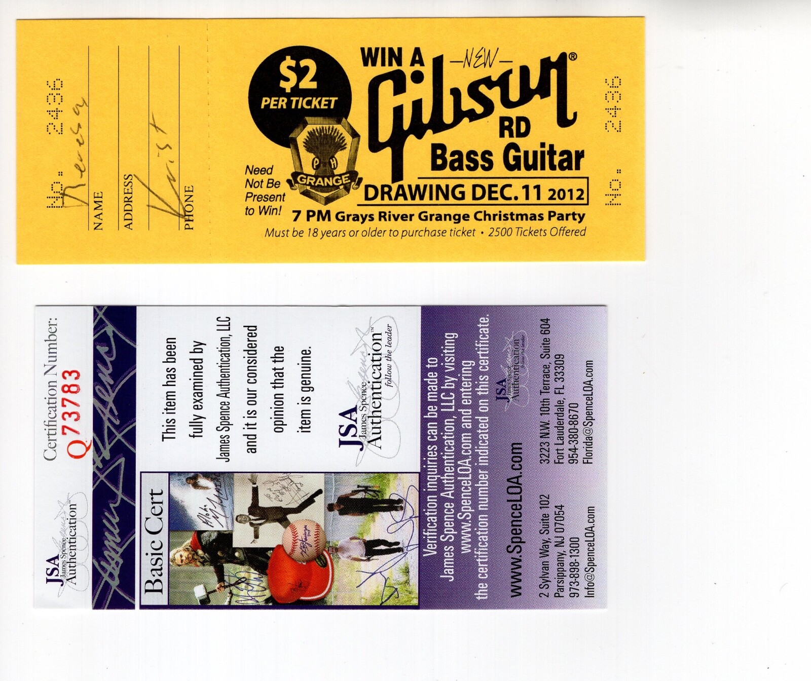 KRIST NOVOSELIC HAND SIGNED RAFFLE TICKET NIRVANA BASSIST JSA