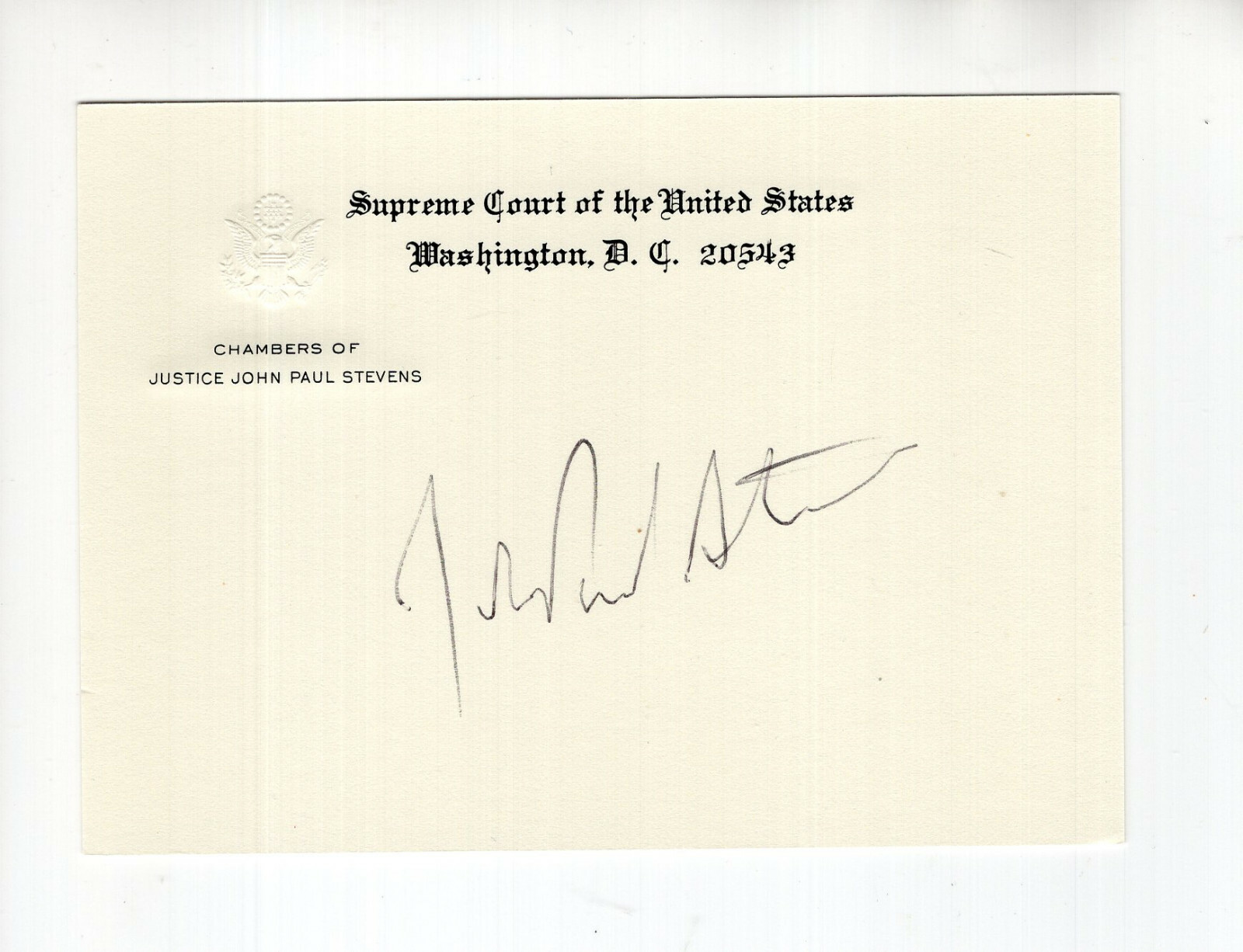 JOHN PAUL STEVENS HAND SIGNED SUPREME COURT CARD+COA SUPREME COURT JUSTICE