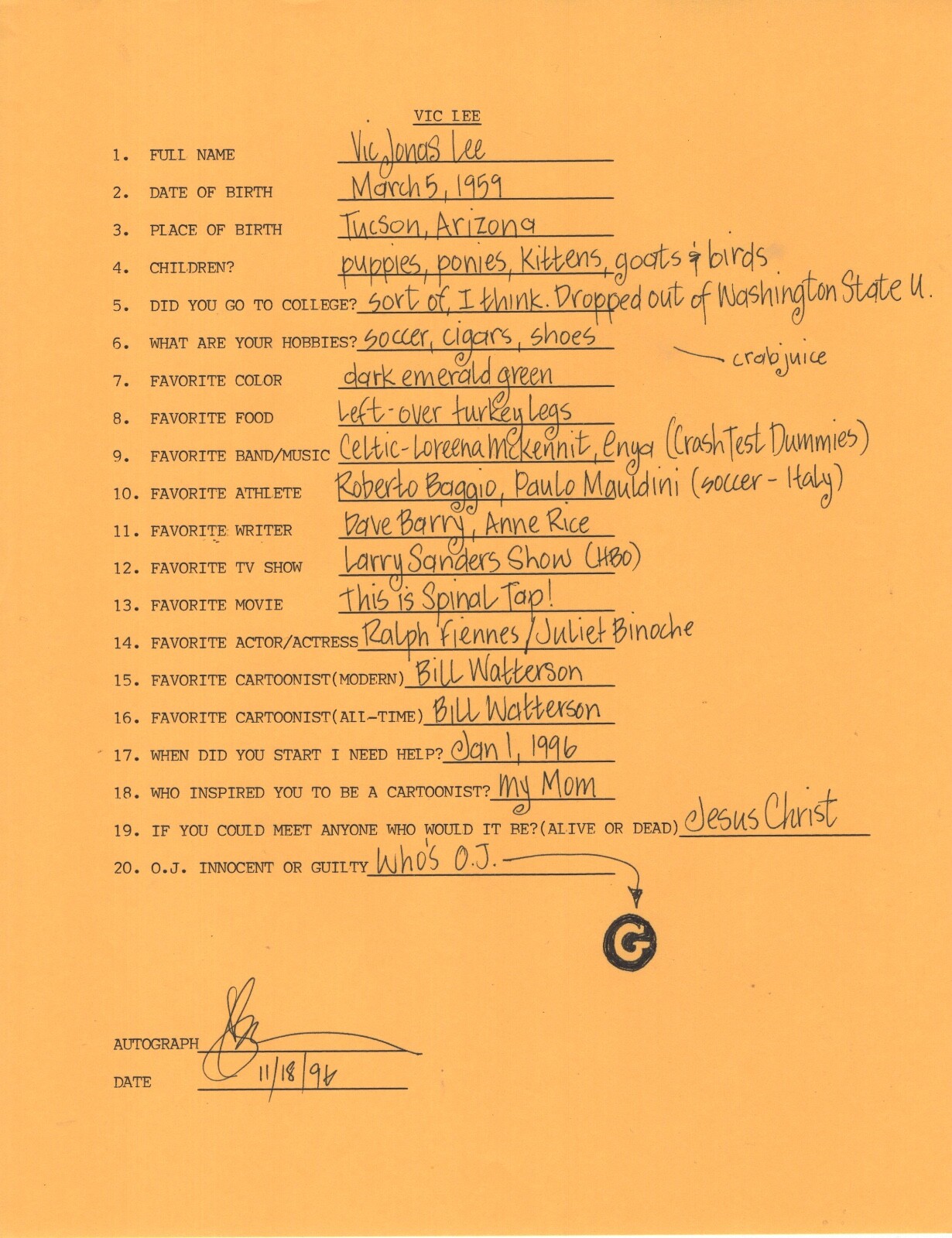 VIC LEE HAND SIGNED+FILLED OUT 20 QUESTIONS+COA I NEED HELP CARTOONIST