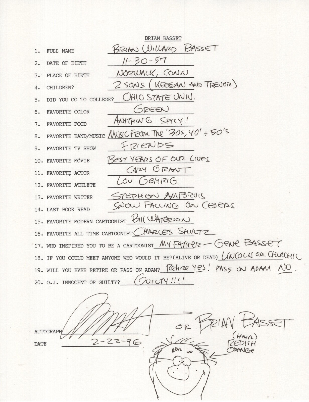 BRIAN BASSET HAND SIGNED+FILLED OUT 20 QUESTIONS+COA ADAM CARTOONIST