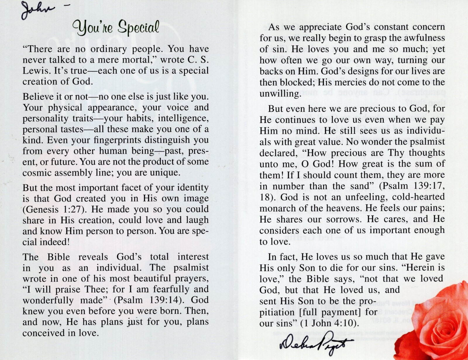 DEBRA PAGET HAND SIGNED RELIGIOUS PAMPHLET+COA TO JOHN TEN COMMANDMENTS