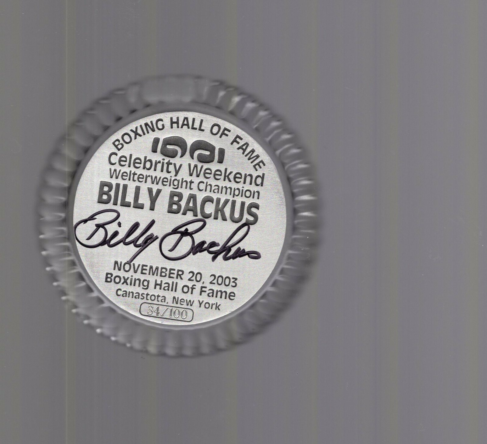 BILLY BACKUS HAND SIGNED BOXING HOF PAPERWEIGHT VERY RARE 34/100 JSA
