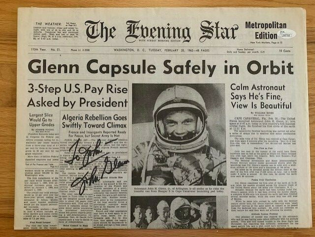 JOHN GLENN HAND SIGNED NEWSPAPER FROM FIRST SPACE ORBIT TO JOHN JSA