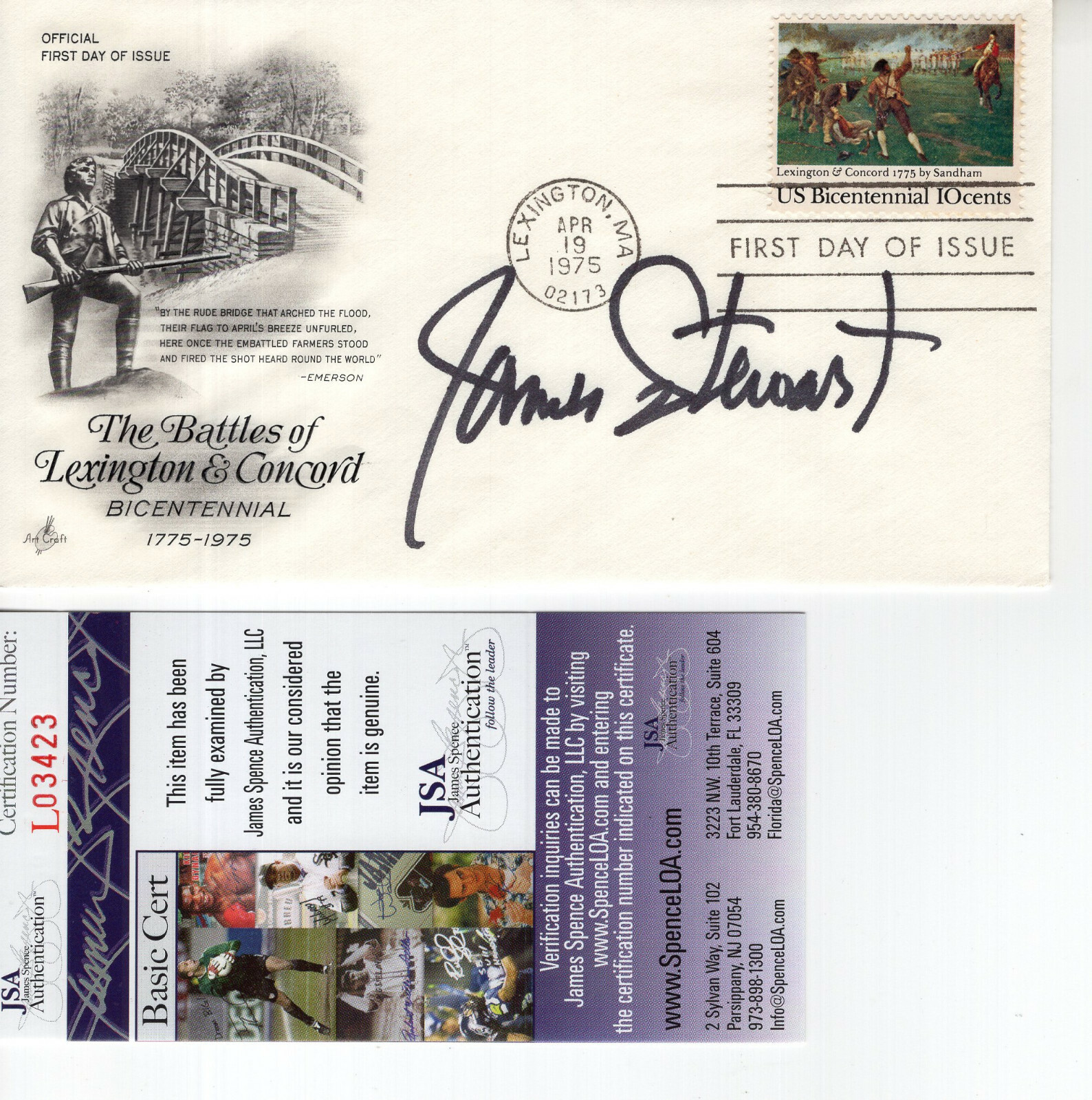 JAMES STEWART HAND SIGNED BATTLE LEXINGTON FIRST DAY COVER 1975 RARE JSA