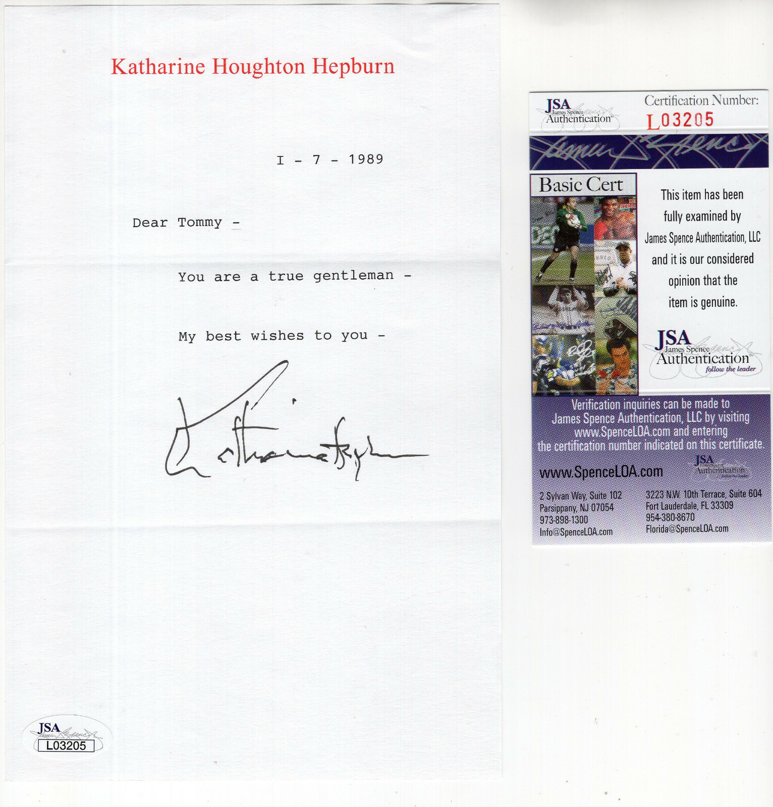 KATHARINE HEPBURN HAND SIGNED LETTER ON LETTERHEAD DEAR TOMMY JSA