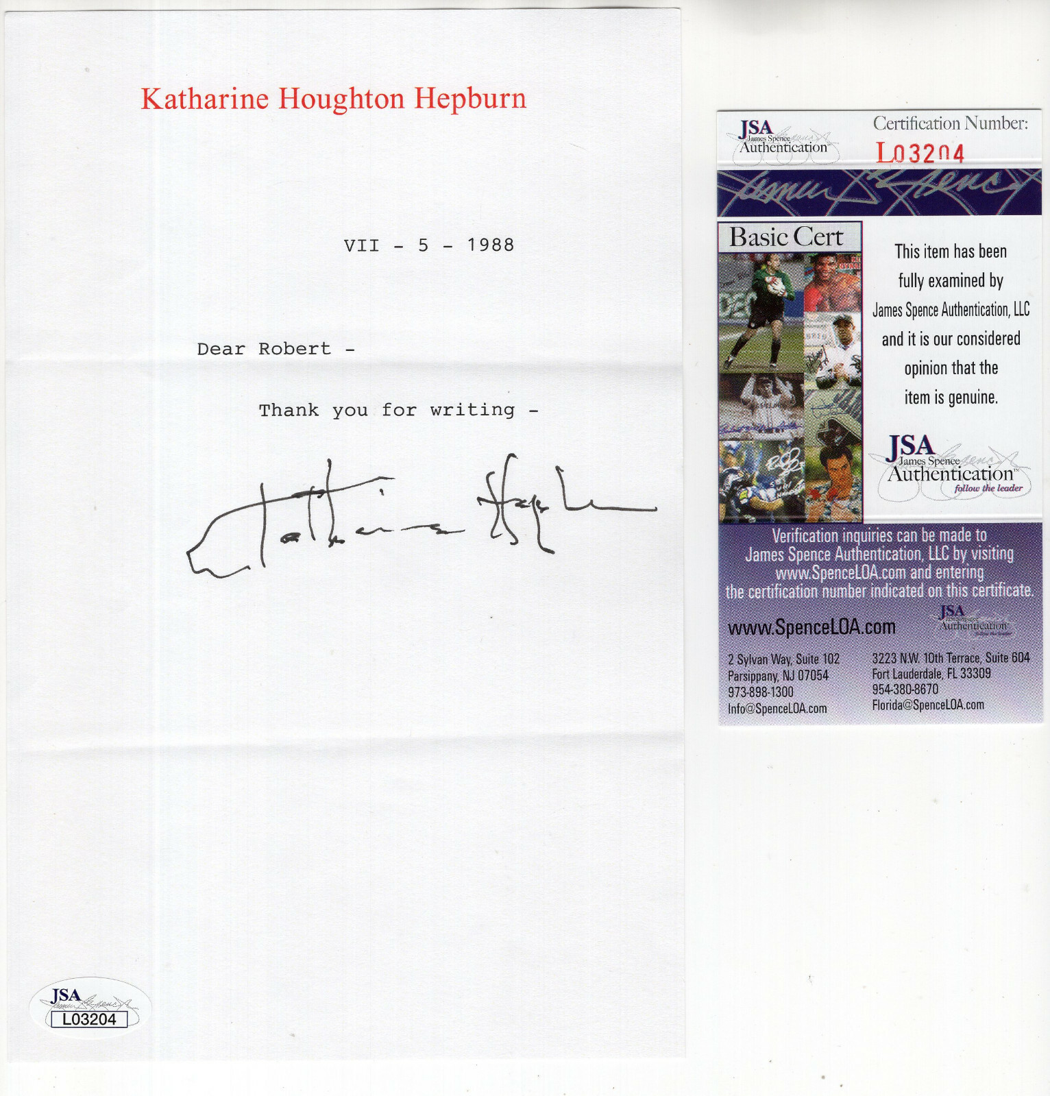 KATHARINE HEPBURN HAND SIGNED LETTER ON LETTERHEAD 1988 DEAR ROBERT JSA